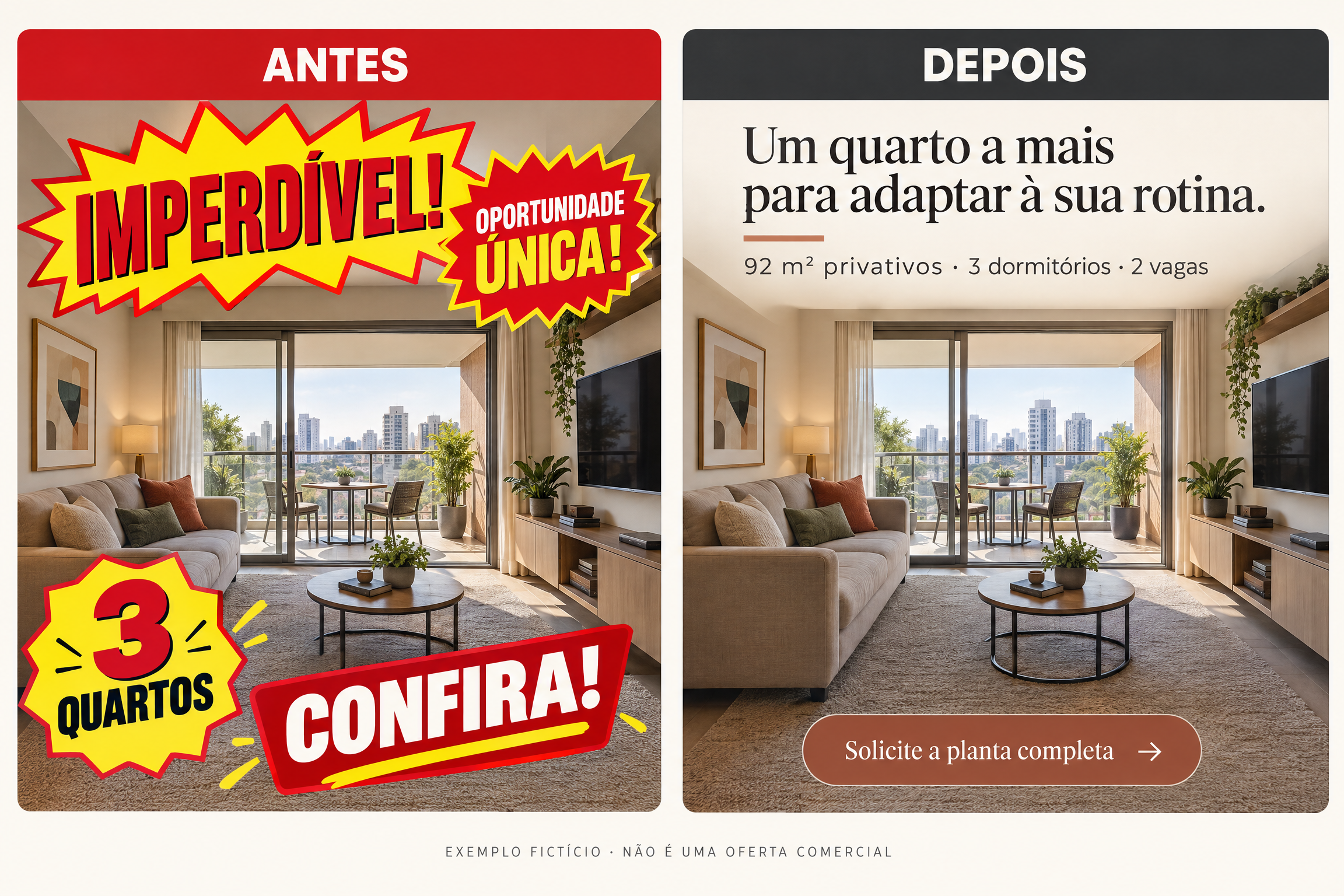 Comparação visual de antes e depois de uma peça imobiliária, exemplo fictício e didático